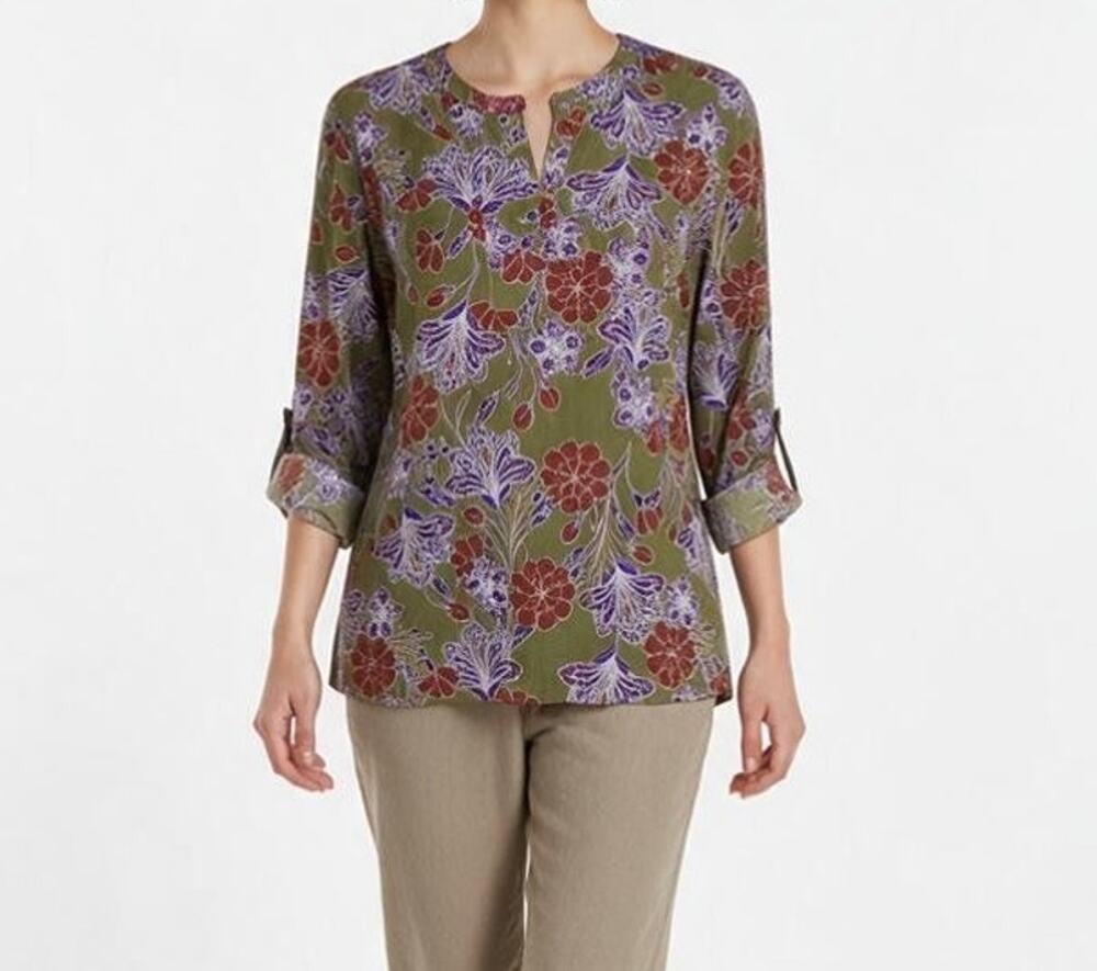 Joe Fresh Women's Large Pullover Top Adjustable 3/4 Sleeves Green Red Purple